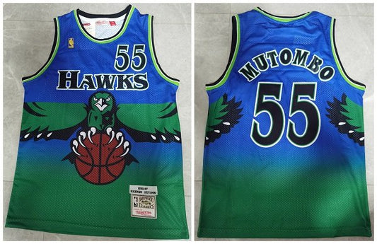 Men's Atlanta Hawks #55 Dikembe Mutombo Blue and Green 1996-97 Throwback Swingman Stitched Jersey