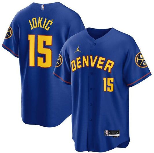 Men's Denver Nuggets #15 Nikola Jokic Blue Stitched Baseball Jersey