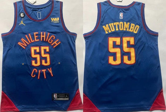 Men's Denver Nuggets #55 Dikembe Mutombo Blue With NO.6 Patch Stitched Basketball Jersey